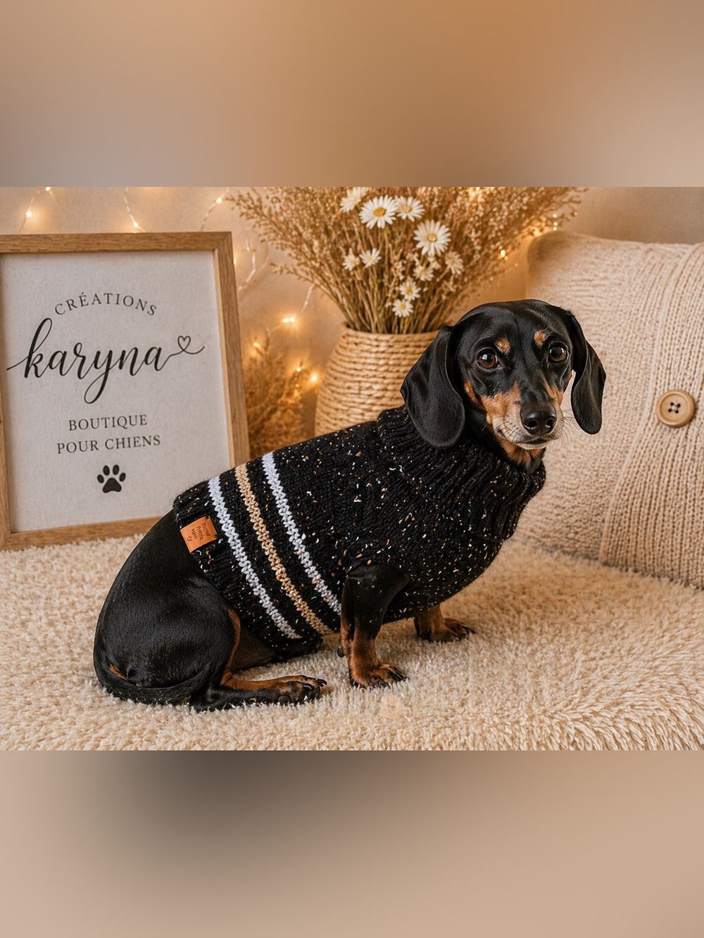 Black Speckled hand-knitted Dog Sweater with Striped Detail